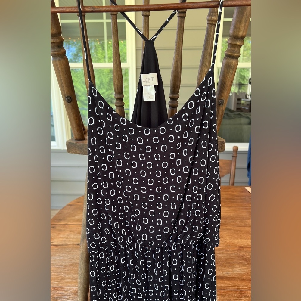 LOFT Outlet Black Mini Dress Flowy Summer Spaghetti Strap White Detailing Sz S - Picture 3 of 10